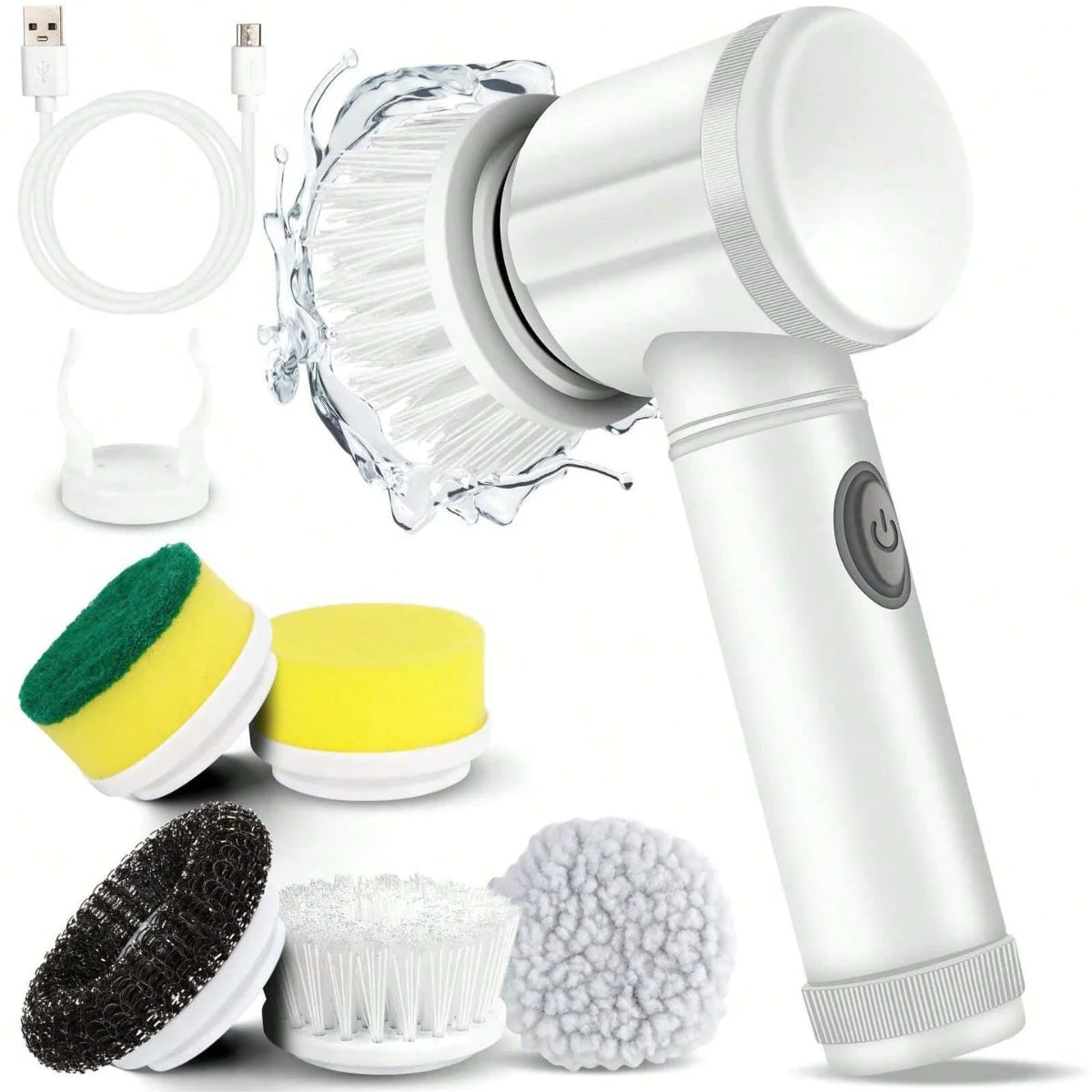 Cordless Spin Scrubber with all 5 interchangeable brush heads and USB charging cable laid out on a clean background