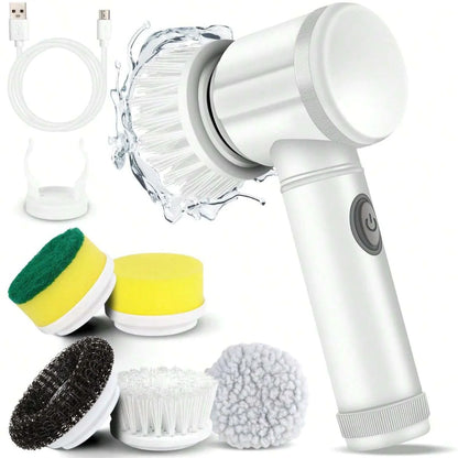 Cordless Spin Scrubber with all 5 interchangeable brush heads and USB charging cable laid out on a clean background