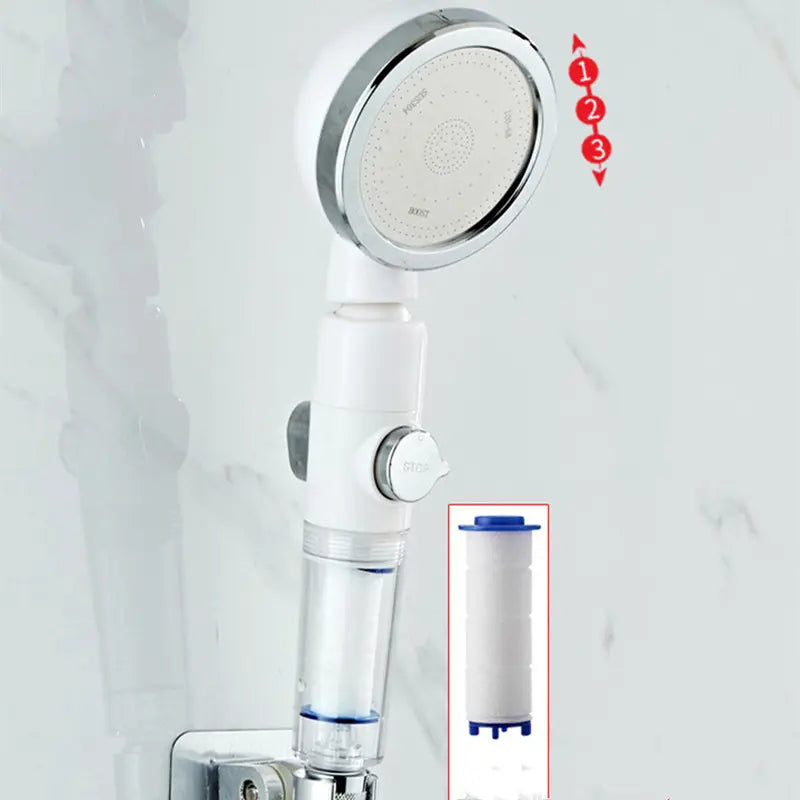 Filtered Rain Shower Head in Clear White, white body with clear filter housing