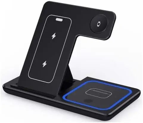 Trio Wireless Charging Stand in Black, angled product-only studio shot