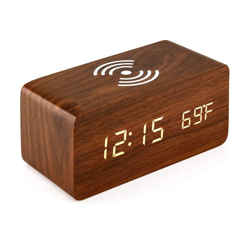 Timber Charge Wireless Alarm Clock, wood-effect finish close-up
