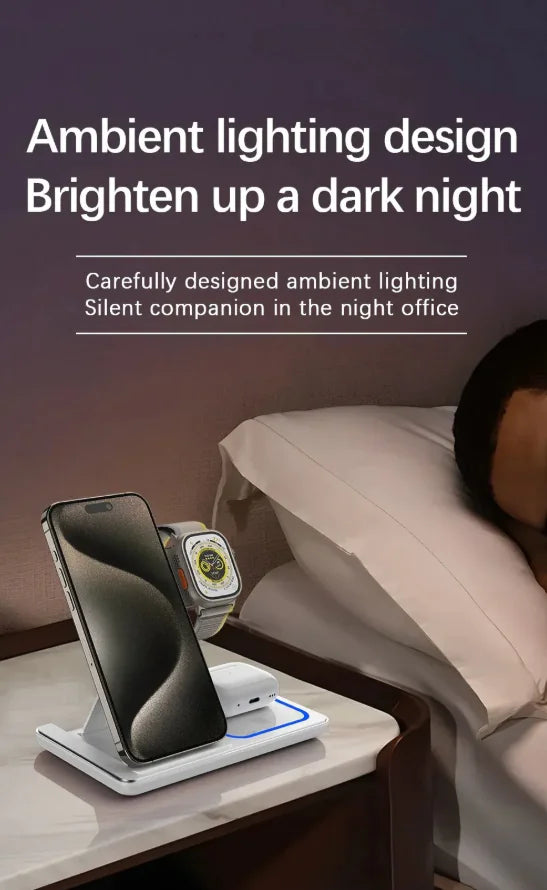 Trio Wireless Charging Stand in White, charging phone and watch on a bedside table at night