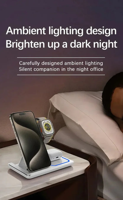 Trio Wireless Charging Stand in White, charging phone and watch on a bedside table at night
