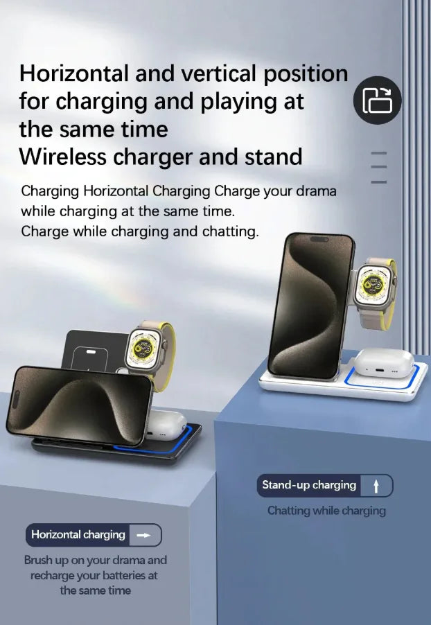 Trio Wireless Charging Stand charging phone, watch and earbuds in upright and flat positions