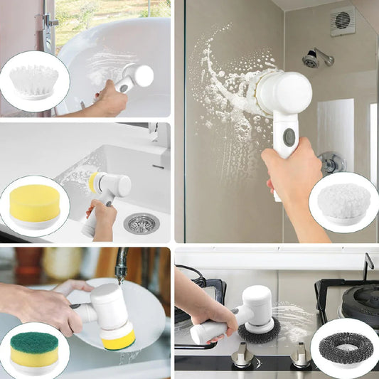 Cordless Spin Scrubber in use cleaning a shower, sink, and stovetop