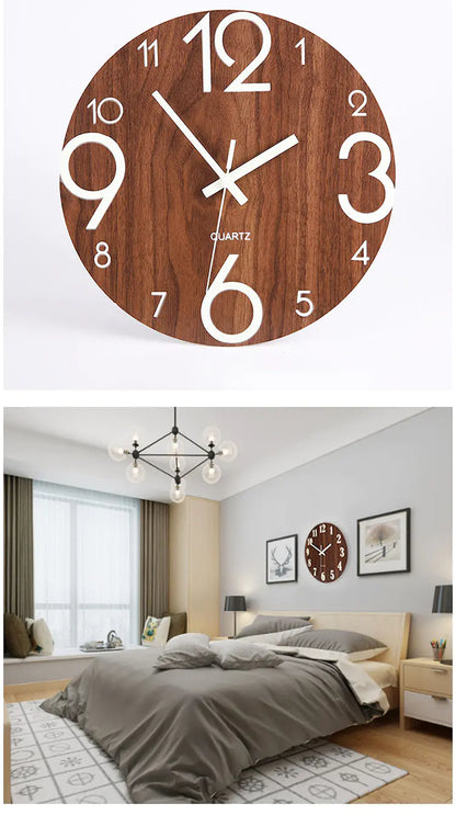 Nordic Glow Wall Clock in Brown, close-up and mounted in a bedroom