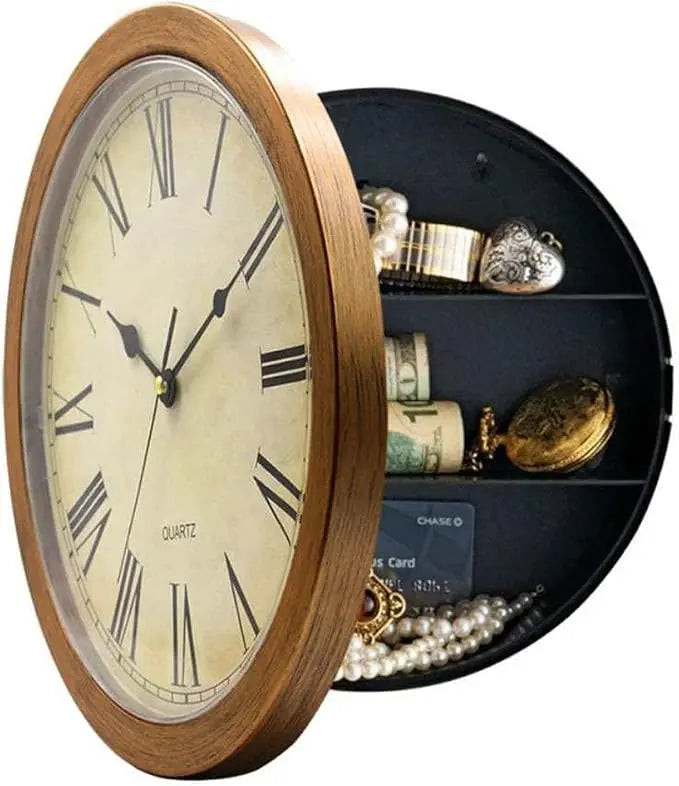 Hidden-Safe Storage Clock — compartment open showing jewellery, cash and cards stored inside