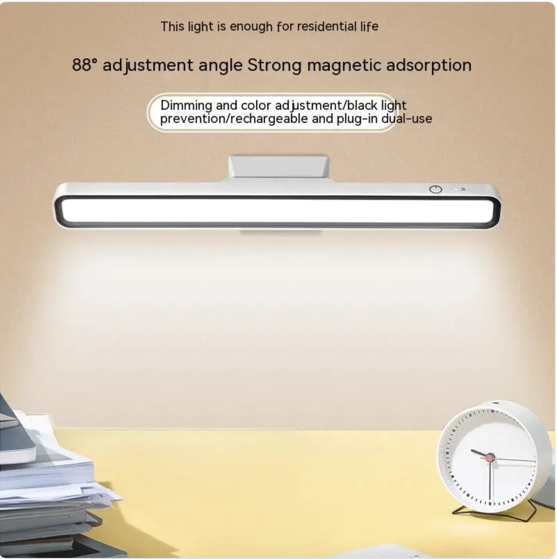 Halo Glow Rechargeable Desk Lamp in White, mounted under a shelf lighting a desk