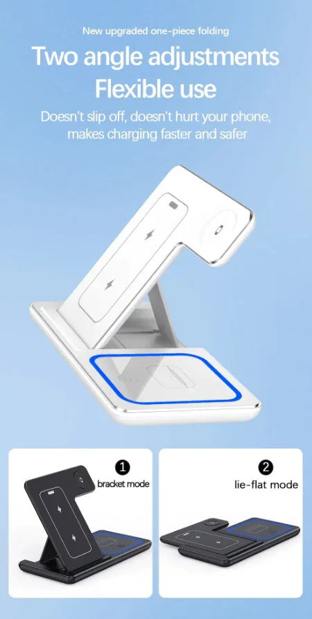 Trio Wireless Charging Stand in White, shown in bracket mode and lie-flat mode