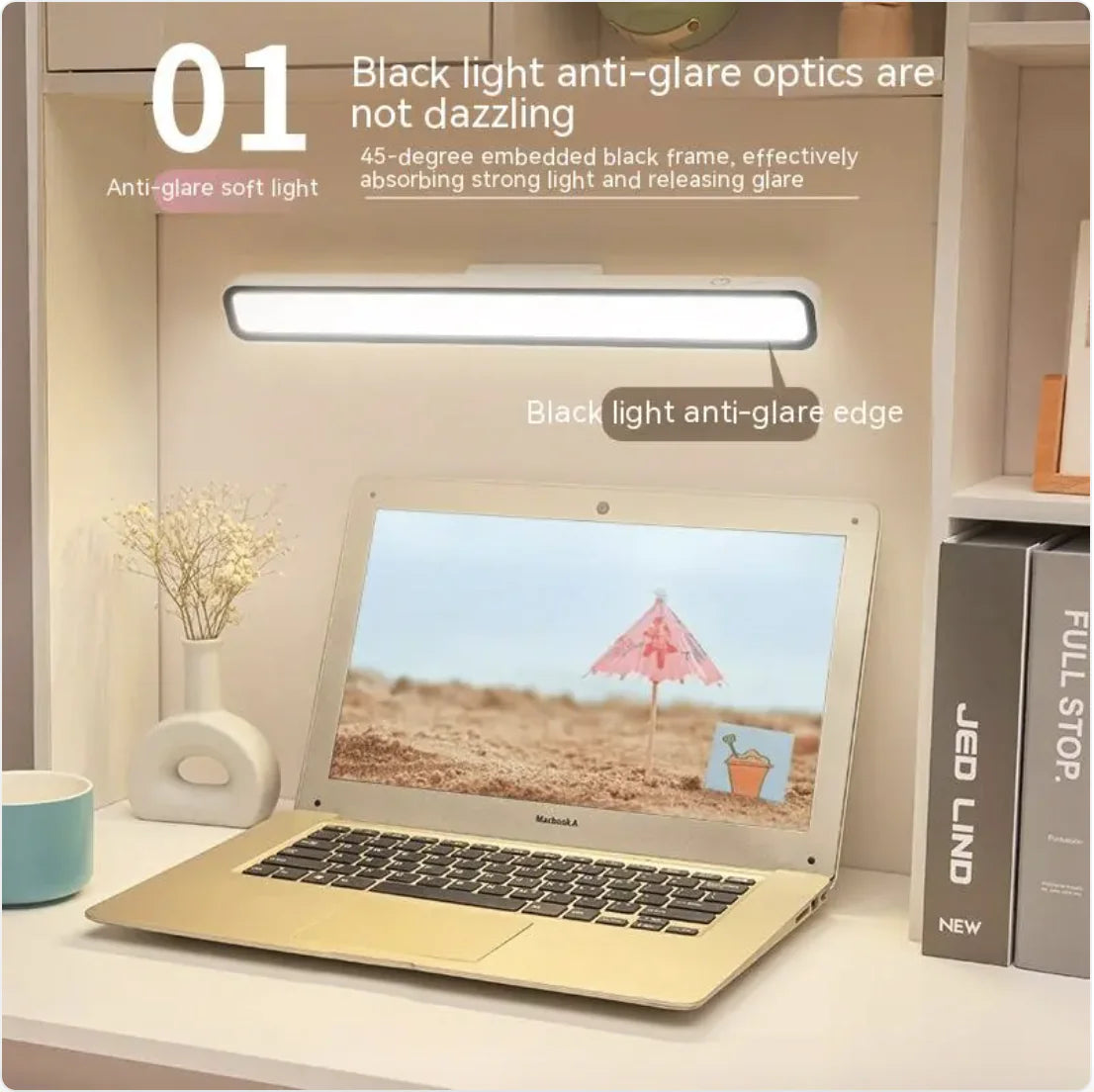 Halo Glow Rechargeable Desk Lamp in White, mounted above a laptop workspace