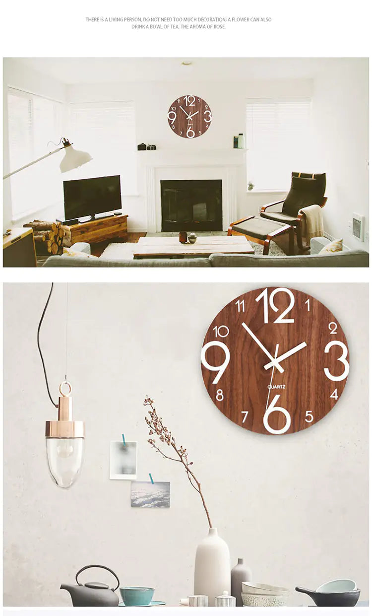 Nordic Glow Wall Clock in Brown, mounted above a living room fireplace